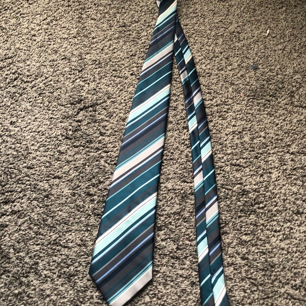 John Ashford Men’s Teal Blue Gray Striped Dress Necktie - Picture 3 of 3